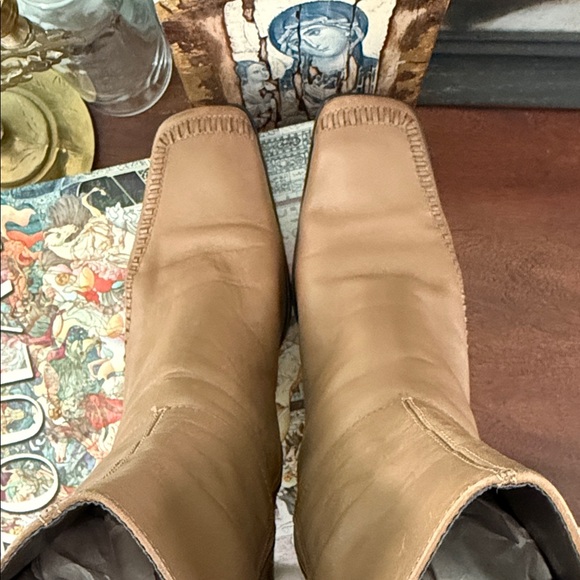 Girl Boss Vintage 90s Y2K Nickels Tan Leather Square Toe Chunky Heeled Boots - Picture 5 of 11